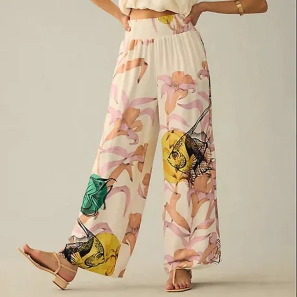 Anthropologie Pia Binazzi XSP NWT Graphic Floral Wide-Leg Pants Fish XS Petite